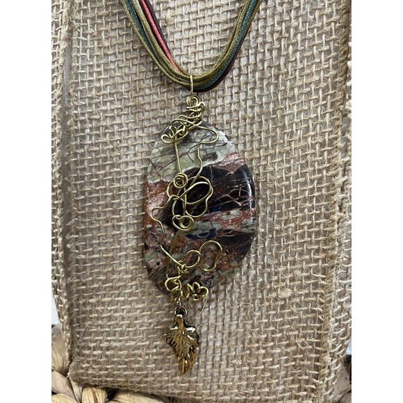 Natural Rhyolite Stone Pendant On Hemp Necklace Cords Boho Gypsy Art To Wear - Picture 3 of 7